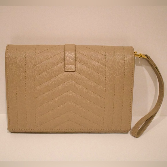 Saint Laurent (YSL) Envelope Flap Clutch Bag in Dark Beige - Picture 2 of 13